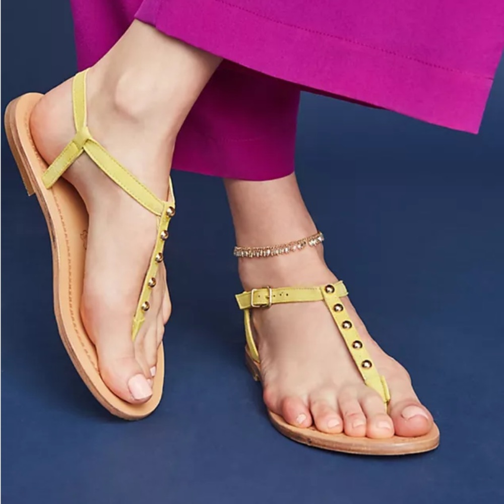 Anthropologie Size 36 U.S. 6 KMB Leather Studded Thong Sandals Lime Green